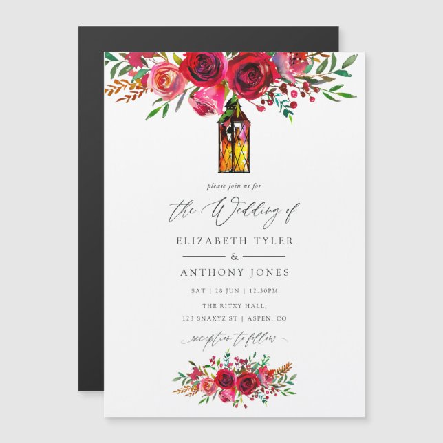 Rustic Burgundy Red Watercolor Floral Wedding Magnetic Invitation (Front/Back)