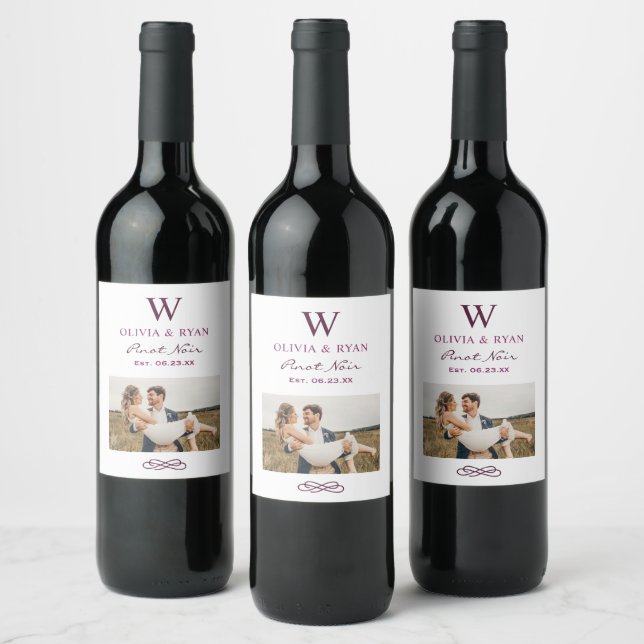 Rustic Burgundy Red Wedding Monogram Photo Wine Label (Bottles)