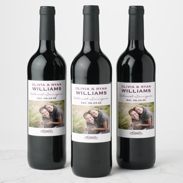 Rustic Burgundy Red Wedding Monogram Photo Wine Label (Bottles)