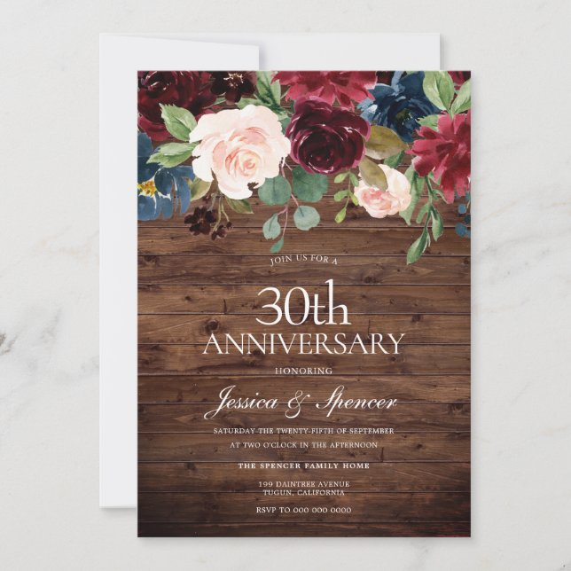 Rustic Burgundy Red Wine 30th Wedding Anniversary Invitation (Front)