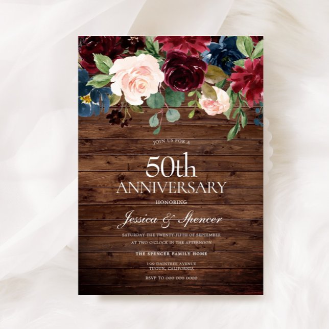 Rustic Burgundy Red Wine 50th Wedding Anniversary Invitation (Creator Uploaded)