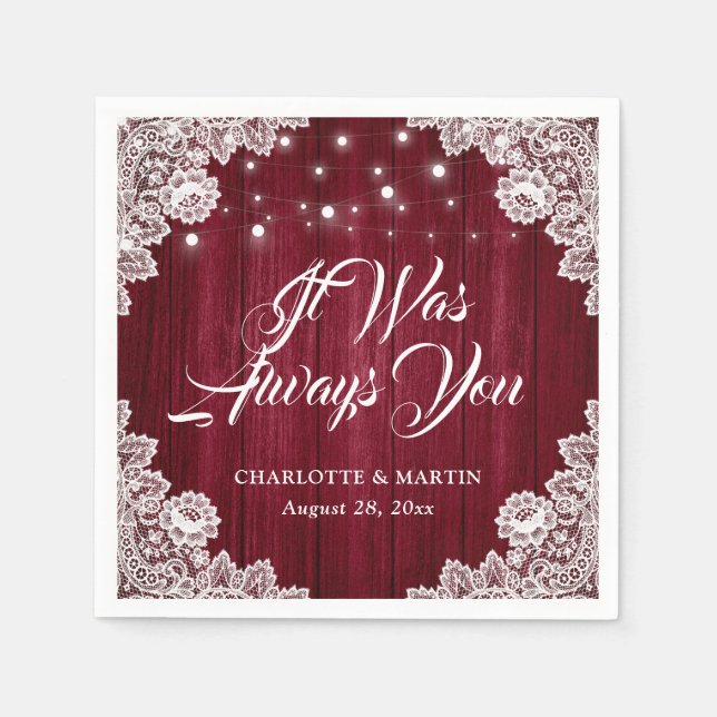 Rustic Burgundy Red Wood Lace Wedding Napkins (Front)