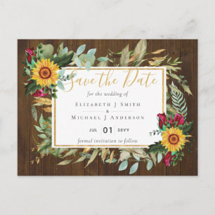 Rustic Burgundy Roses Sunflowers Save the Dates Postcard