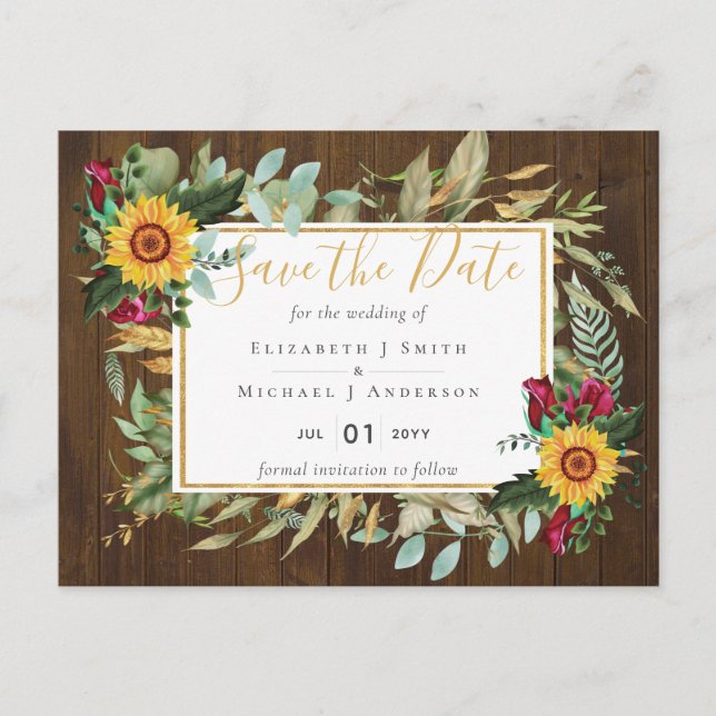 Rustic Burgundy Roses Sunflowers Save the Dates Postcard (Front)