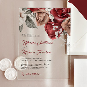 Rustic Burgundy Roses Wedding Acrylic Invitations