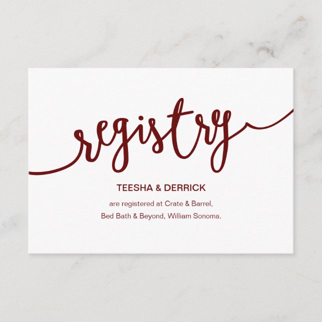 Rustic Burgundy Script, Wedding Registry Enclosure Card (Front)