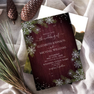 Rustic Burgundy Silver Winter Wood Photo Wedding Invitation