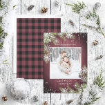 Rustic Burgundy Snowflake New Mr & Mrs Photo<br><div class="desc">Based on my bestselling Winter Wedding Invitation Suite, this warm, cozy burgundy wood design photo Christmas Card features your favourite wedding photo, and is decorated with silver glitter snowflakes and watercolor pine branches, and a burgundy and black buffalo plaid texture. Please contact designer for matching products, or design variations, and...</div>