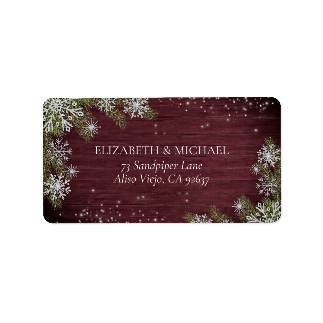 Rustic Burgundy Snowflake Pine Winter Address Label (Front)