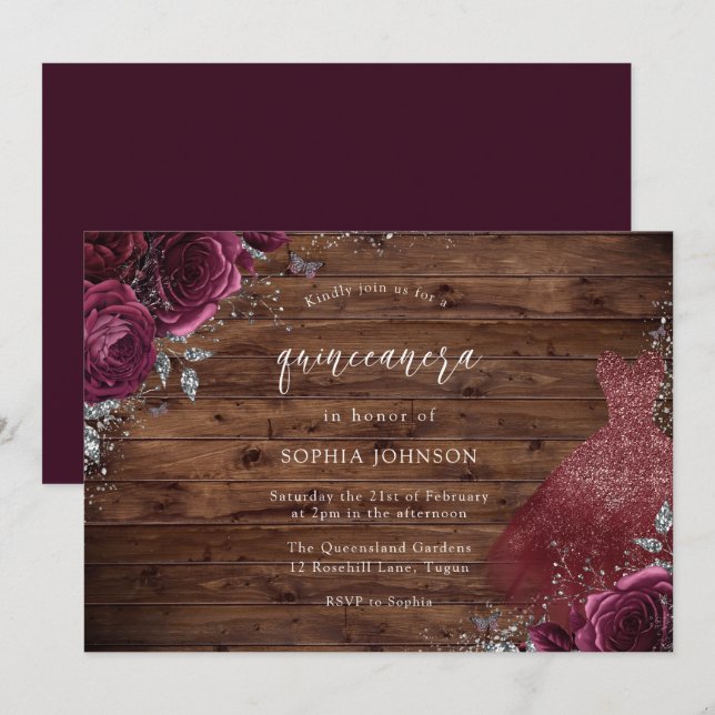 Rustic Burgundy Sparkle Dress Rose Quinceanera Invitation (Front/Back)