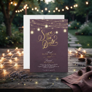 Rustic Burgundy String Lights Save the Date Invitation
