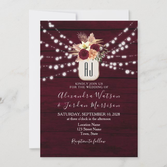 Rustic Burgundy String Lights Wedding Invitation (Front)