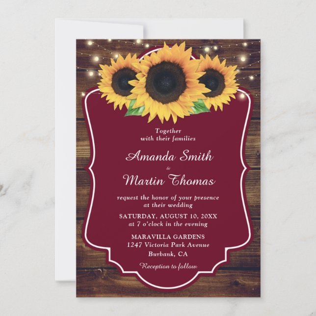 Rustic Burgundy Sunflower Greenery Wedding Invitation (Front)