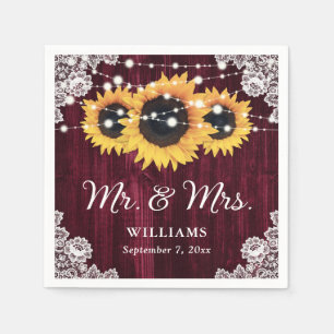 Rustic Burgundy Sunflower Mr and Mrs Wedding Napkin