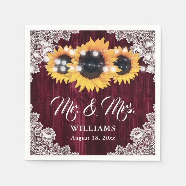 Rustic Burgundy Sunflower Mr and Mrs Wedding Napkin (Front)