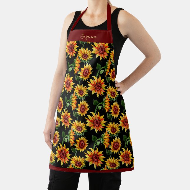 Rustic Burgundy Sunflower Personalized Fall Floral Apron (Insitu)
