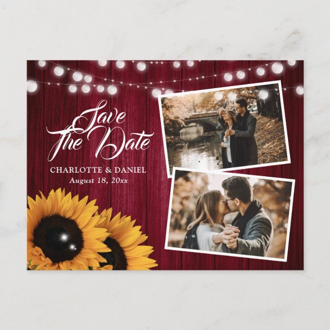 Rustic Burgundy Sunflower Save The Date Photo Announcement Postcard (Front)