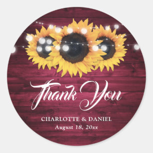 Rustic Burgundy Sunflower Thank You Wedding Favor Classic Round Sticker