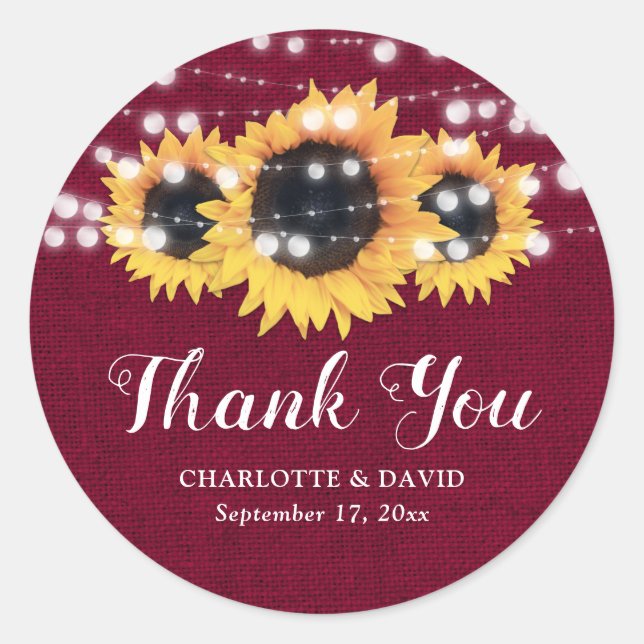 Rustic Burgundy Sunflower Wedding Favour Classic Round Sticker (Front)