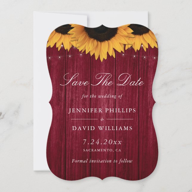 Rustic Burgundy Sunflower Wedding Save The Date (Front)