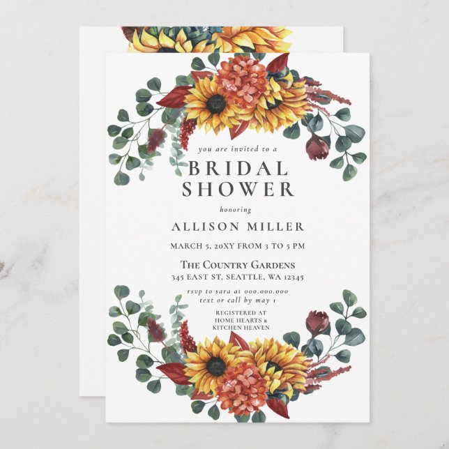 Rustic Burgundy Sunflowers Bridal Shower Invitation (Front/Back)