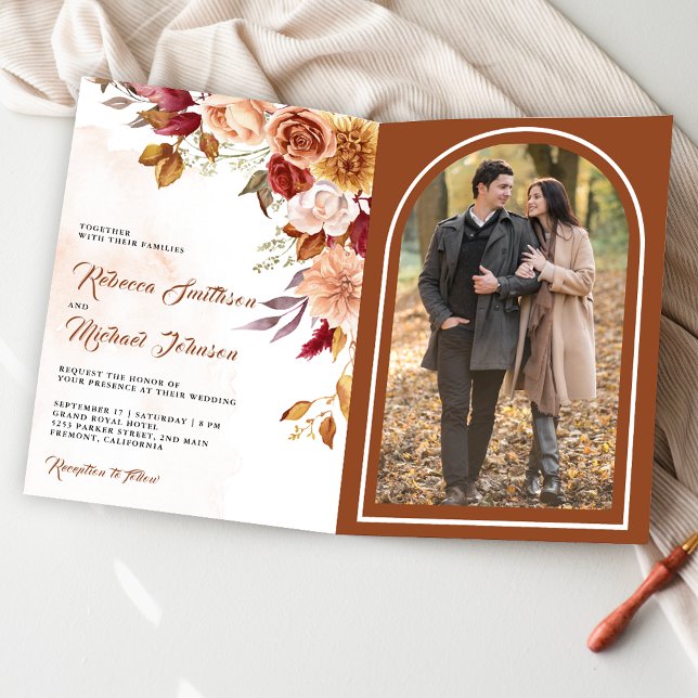 Rustic Burgundy Terracotta Floral QR Code Wedding Invitation (Creator Uploaded)