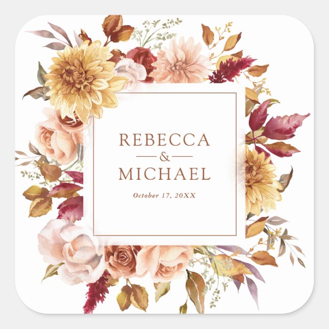 Rustic Burgundy Terracotta Floral Wedding Square Sticker (Front)