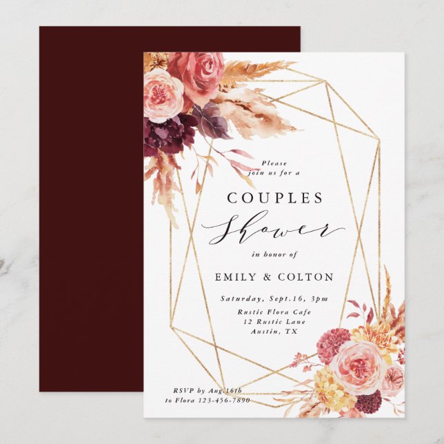 Rustic Burgundy Terracotta Flower Couples Shower  Invitation (Front/Back)