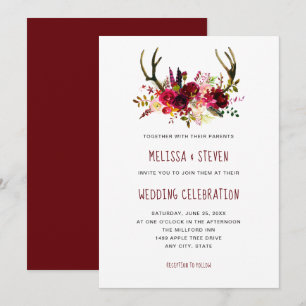 Rustic burgundy watercolor floral antlers Wedding Invitation