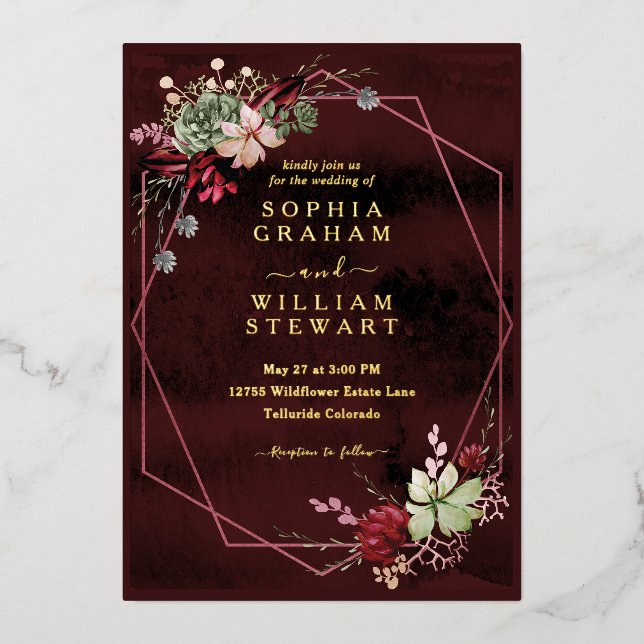 Rustic Burgundy Watercolor Floral Chic Wedding (Front)