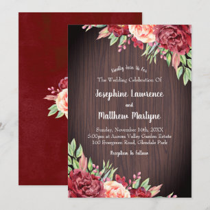 Rustic Burgundy Watercolor Floral Foliage Wedding Invitation