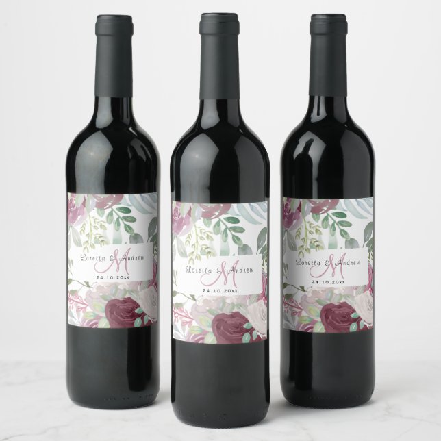 Rustic Burgundy Watercolor Floral Monogram Wedding Wine Label (Bottles)