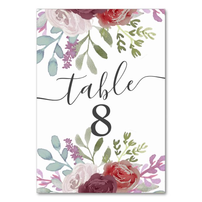 Rustic Burgundy Watercolor Floral Wedding  Table N Number (Front)