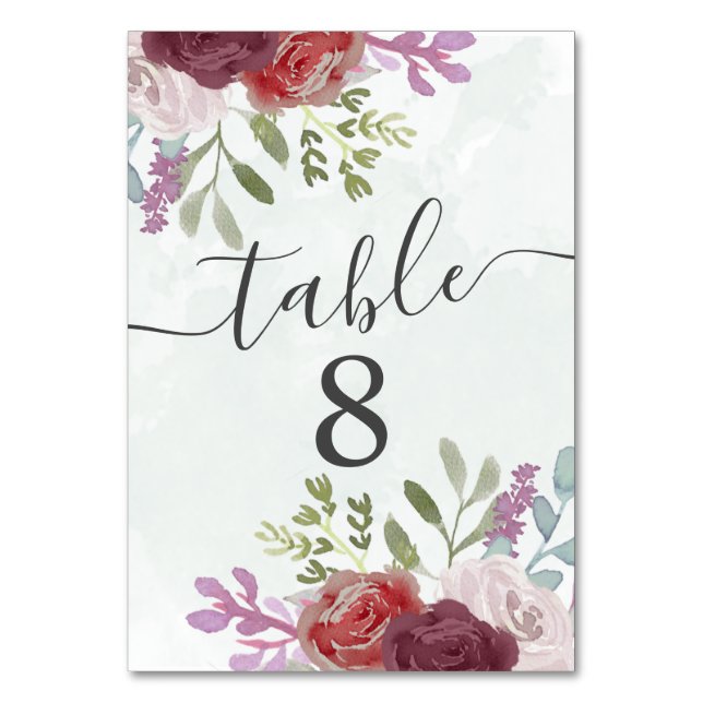 Rustic Burgundy Watercolor Floral Wedding  Table Number (Front)