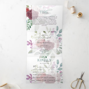Rustic Burgundy Watercolor Floral Wedding Tri-Fold Invitation