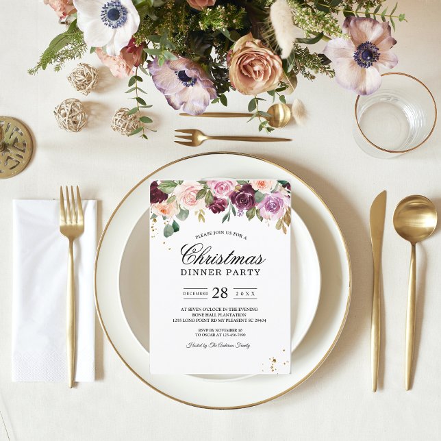Rustic  Burgundy Watercolor Flowers & Gold Drops Invitation (Creator Uploaded)