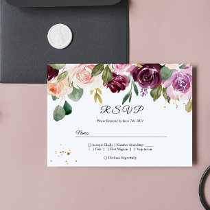 Rustic Burgundy Watercolor Flowers & Gold Drops Invitation Postcard