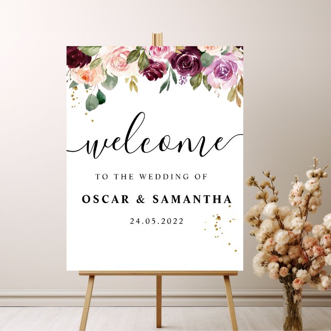 Rustic  Burgundy Watercolor Flowers & Gold Drops Poster (Creator Uploaded)