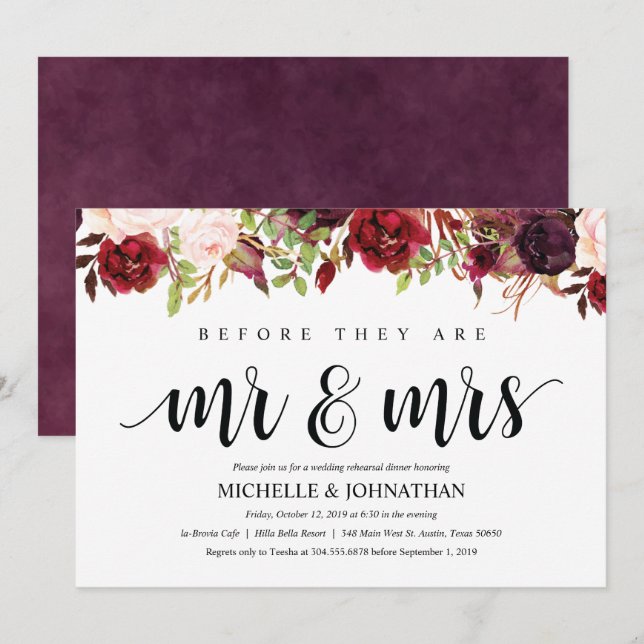 Rustic Burgundy Wedding Rehearsal Dinner Invite (Front/Back)