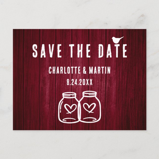 Rustic Burgundy Wedding Save The Date Postcard (Front)