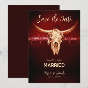 Rustic Burgundy Western Cowboy Bull Skull Wedding Announcement