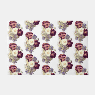 Rustic Burgundy White Blue Flowers Bouquet Floral  Doormat
