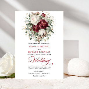 Rustic Burgundy White Floral Eucalyptus Wedding Invitation