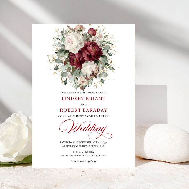 Rustic Burgundy White Floral Eucalyptus Wedding  Invitation (Rustic Burgundy White Floral Eucalyptus Wedding Invite)