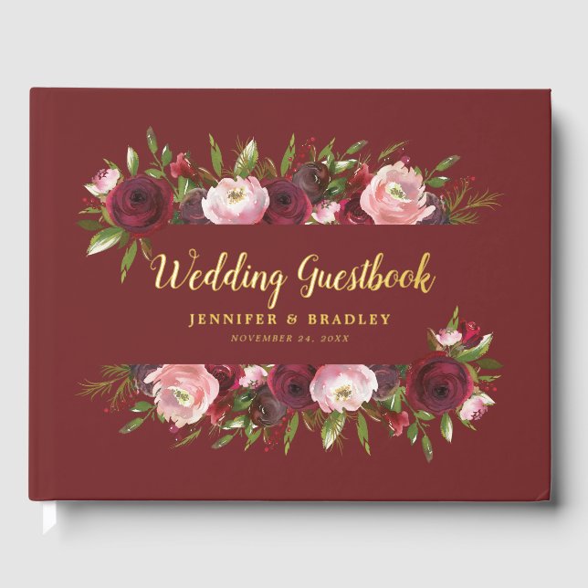 Rustic Burgundy White Floral Watercolor Wedding Guest Book (Front)