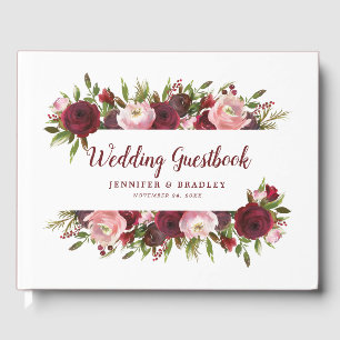 Rustic Burgundy White Floral Watercolor Wedding Guest Book