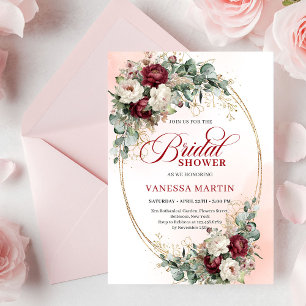 Rustic Burgundy & White Flowers Gold Bridal Shower Invitation