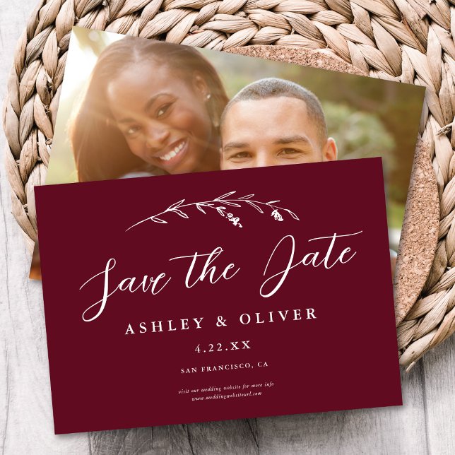 Rustic Burgundy Wildflower + Photo Save The Date Invitation (Creator Uploaded)