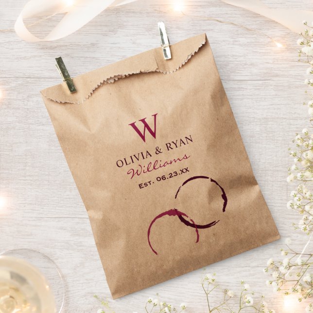 Rustic Burgundy Wine Stain Kraft Monogram Wedding Favour Bag (Clipped)