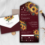 Rustic Burgundy Wood Boho Sunflowers Wedding All In One Invitation<br><div class="desc">Amaze your guests with this elegant wedding invite featuring beautiful flowers and modern typography with detachable RSVP postcard. Simply add your event details on this easy-to-use template to make it a one-of-a-kind invitation.</div>